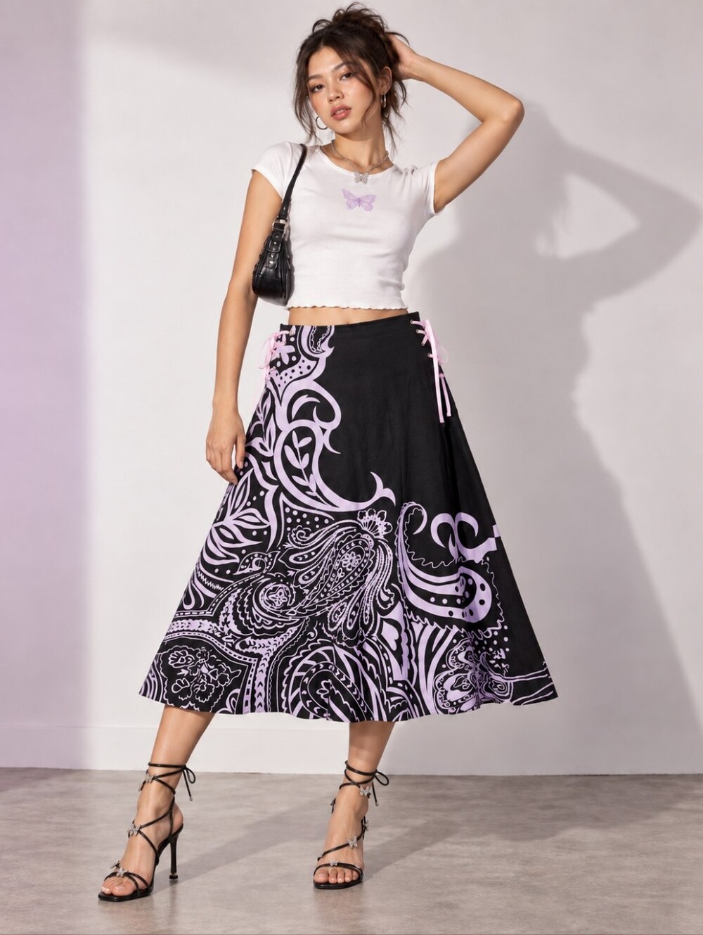Vintage Y2K Lapis A Line Midi Skirt Size M Black Purple Corset Lace Side 2000's